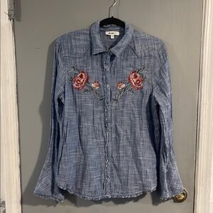 Embroidered Blue Button-Up‎ Shirt
